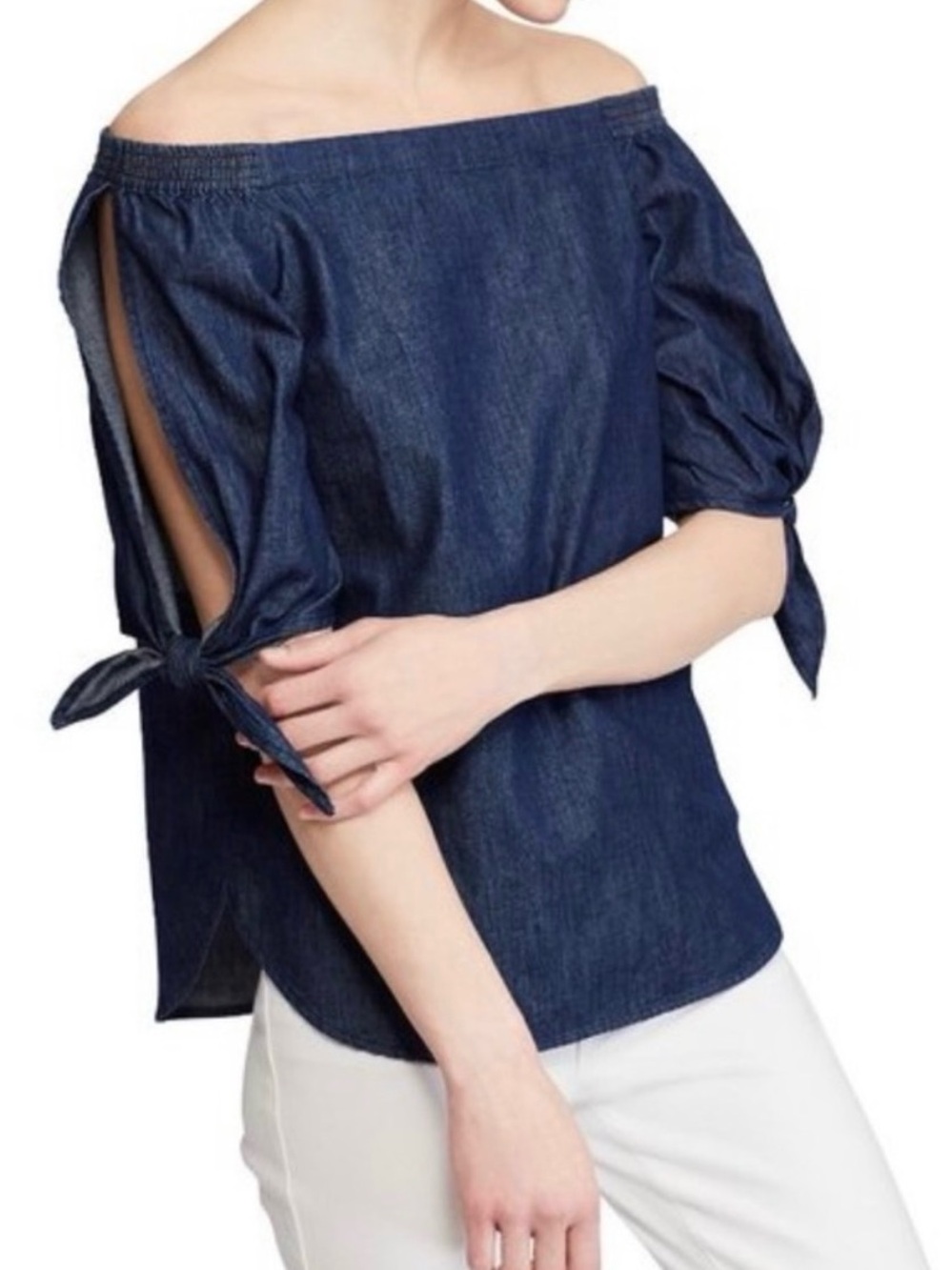 Ralph Lauren Off-Shoulder Denim Tie-Sleeve Top - Dark Blue